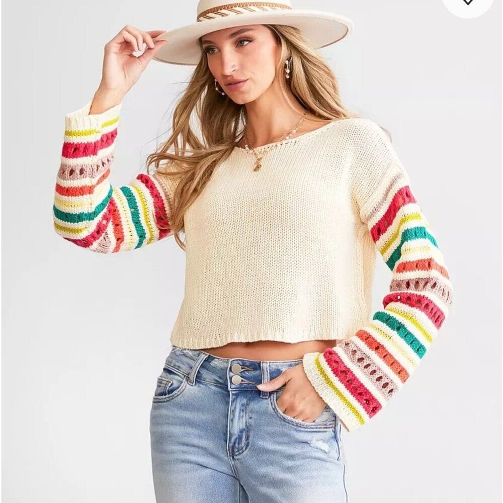 Willow & Root 100% Cotton Cream Cropped Sweater Open Crochet Knit Large